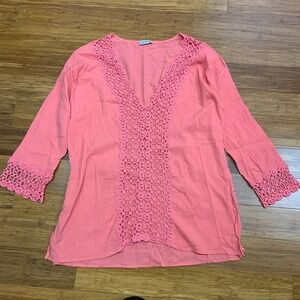Venus Crochet Trim Cover Up Womens Size‎ Large Pink Tunic Top 3/4 Sleeve Blouse